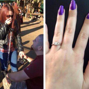 Sammie and Aaron get engaged with zebra print cane in hand. CRPS engagement story